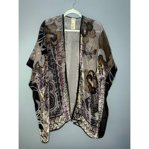Chicos Velvet Burnout Kimono Cardigan Asian Inspired Lagenlook Artsy Boho Chic - Picture 1 of 13